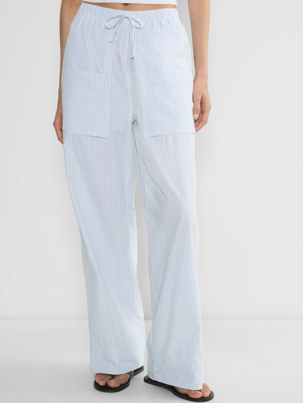 Babaton 100% Cotton Light Blue Stripe Drawstring Wide-Leg Pants Size XS